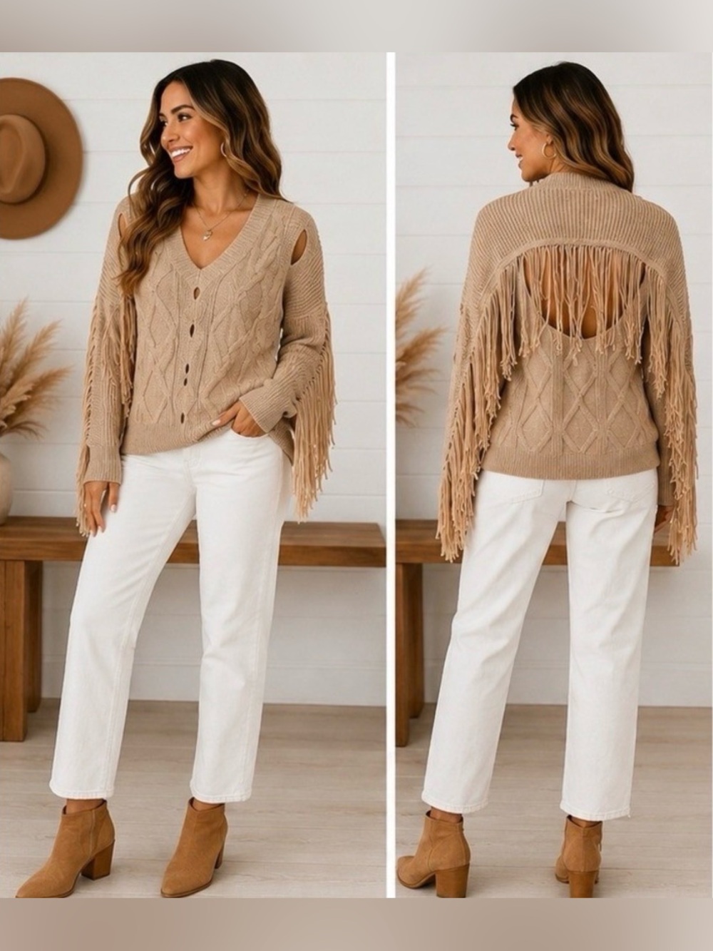 Bailey 44 Beige Fringed Cable Knit V-Neck Sweater